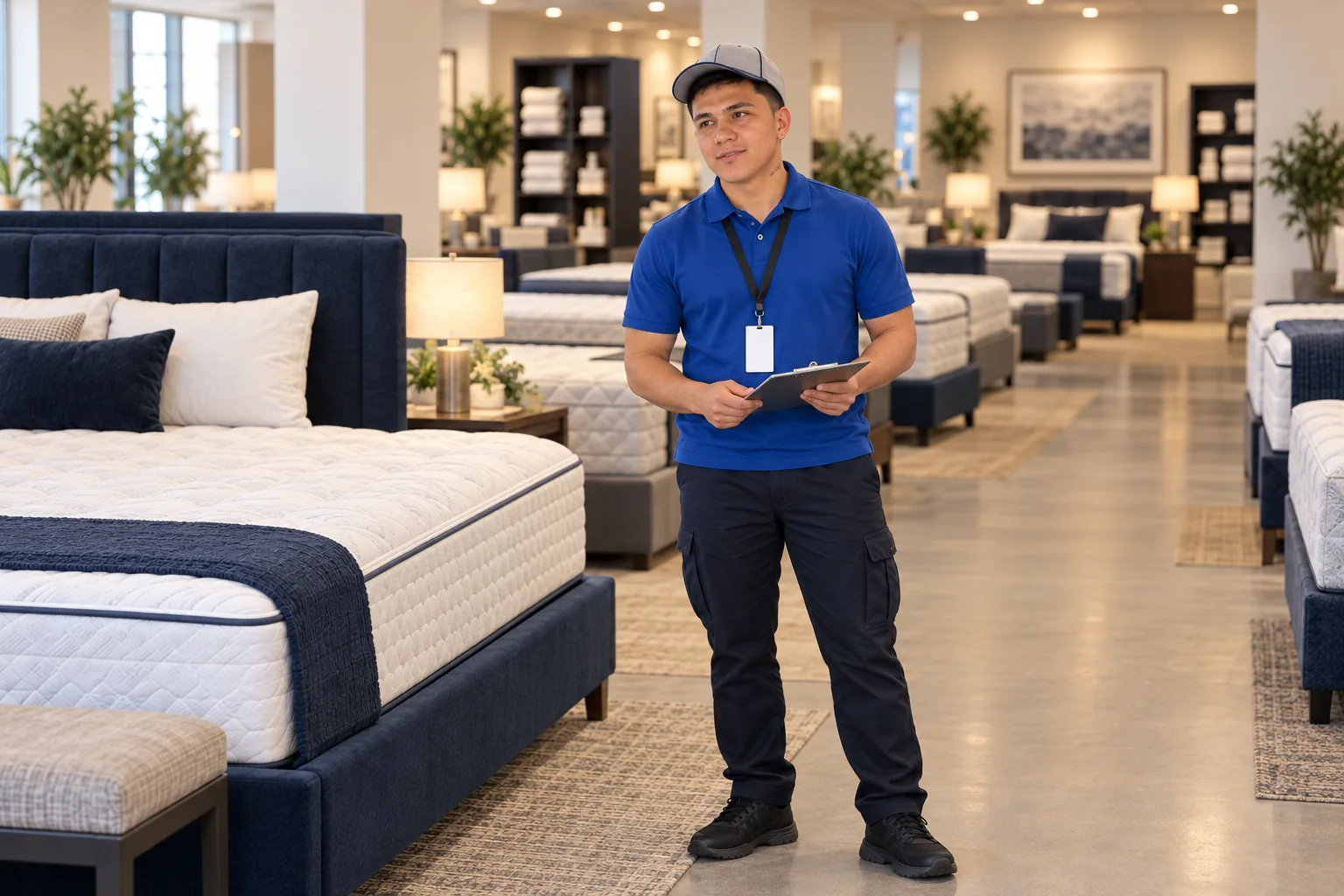 El mismo asesor de uniforme azul, de cuerpo entero en el pasillo del showroom con una carpeta.